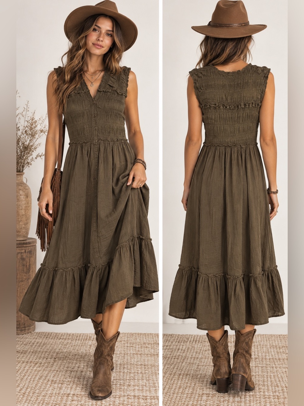 Free People Olive Button-Front Midi Boho Cottagecore Wimsigoth Dress Small P